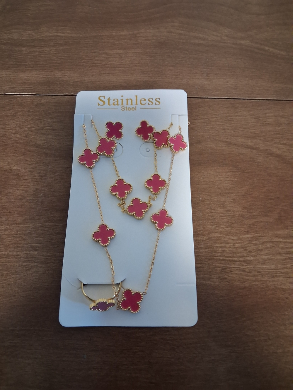 Pink Clover Motif Gold Necklace, Bracelet & Stud Earrings Set - Picture 2 of 2